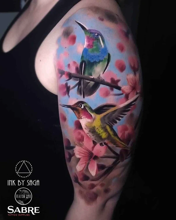 Realism Hummingbird, Flowers tattoo on Upper Arm