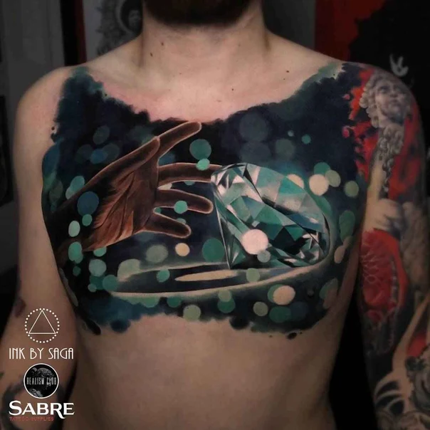 Realism Hand, Diamond tattoo on Chest