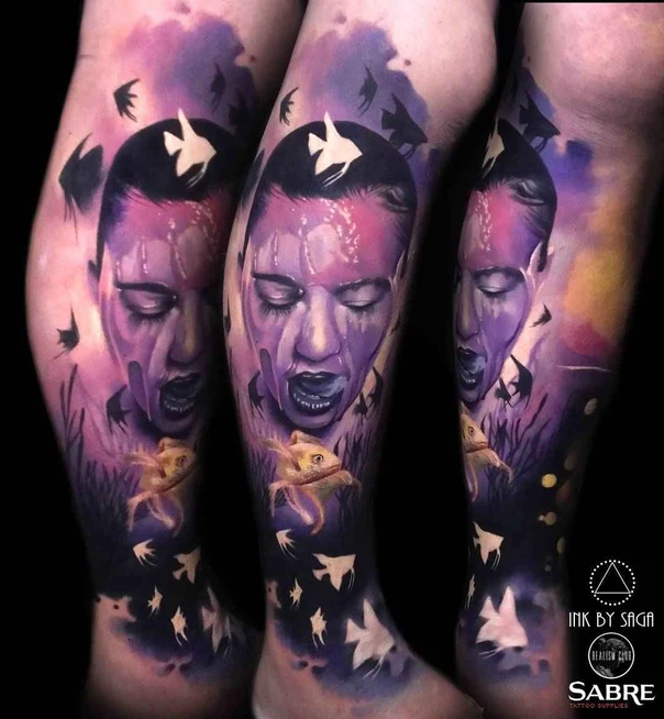 Realism Face, Fish tattoo on Full leg
