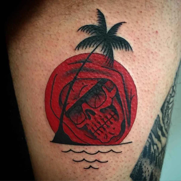 Traditional Skull, Palm tree tattoo on Thigh