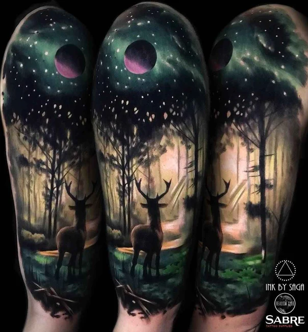Realism Deer, Forest tattoo on Full Sleeve