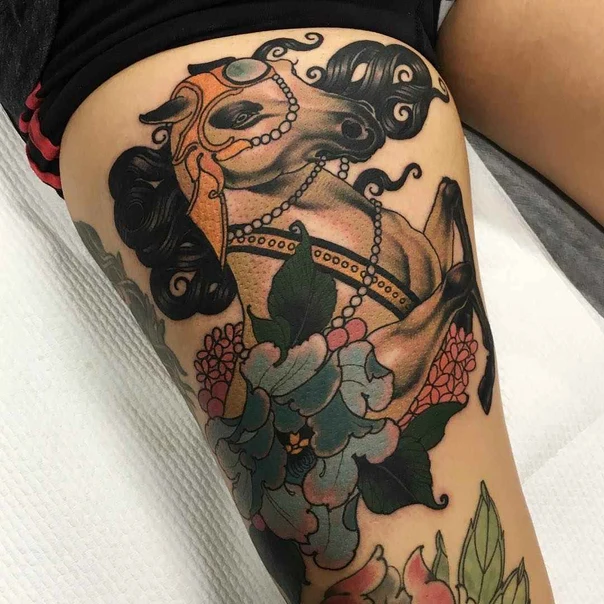 Neo Traditional Horse, Flowers tattoo on Thigh