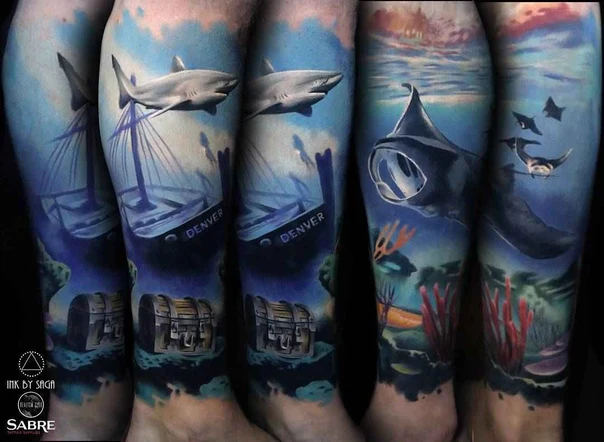 Realism Shark, Shipwreck tattoo on Full leg