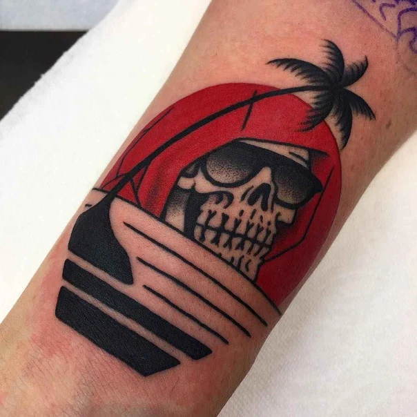 Old School Skull, Palm tree tattoo on Forearm