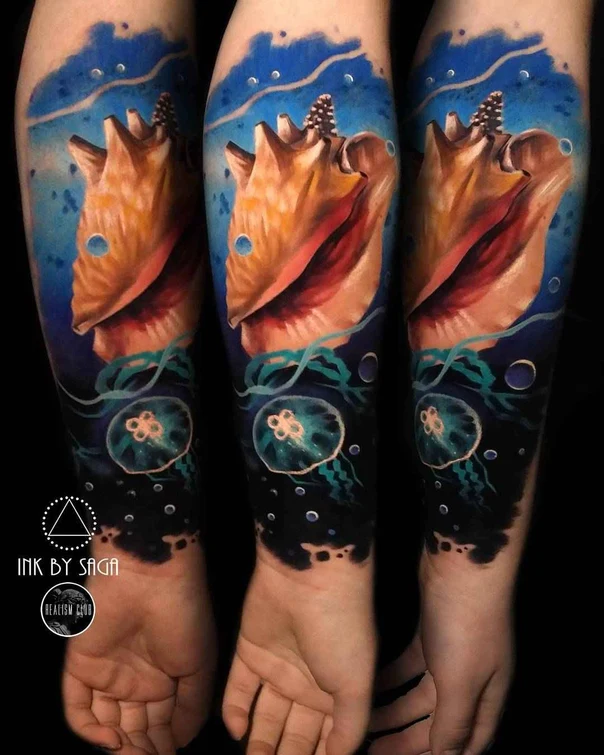 Realism Seashell, Jellyfish tattoo on Forearm