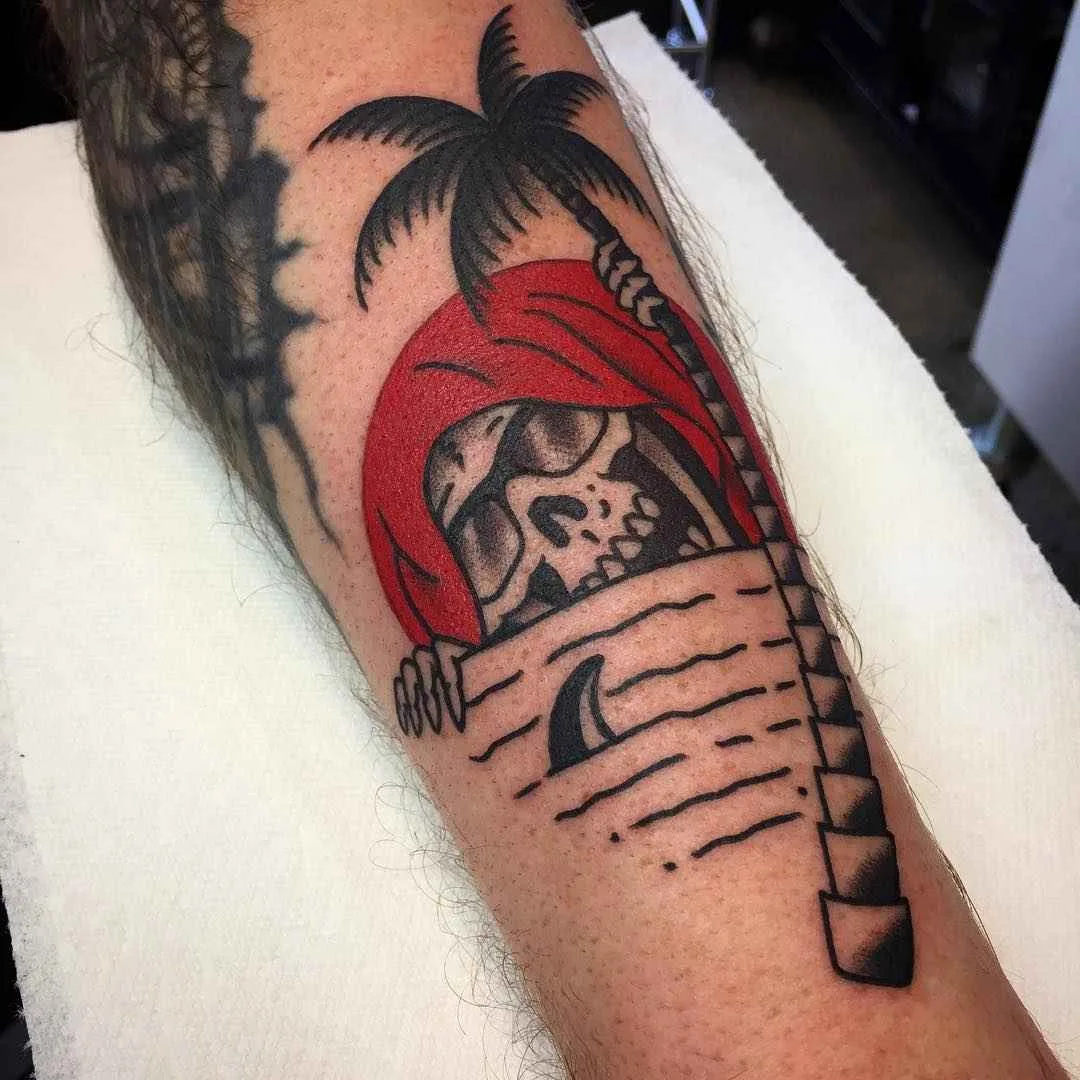 Tattoo artist Frankie Caraccioli The Death cloack traditional color tattoo Death in Paradise