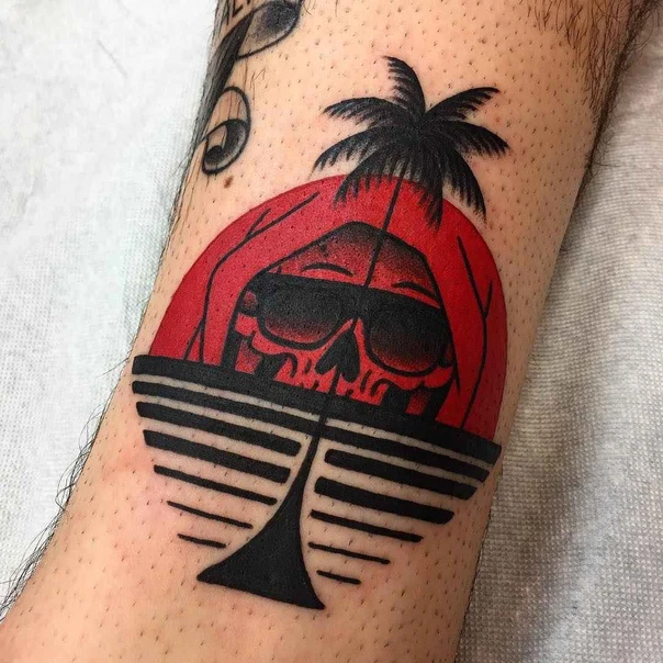 New School Skull, Palm tree tattoo on Forearm