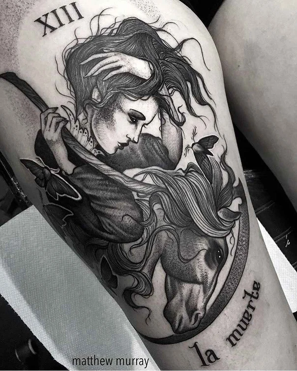Black & Grey Woman, Horse tattoo on Thigh