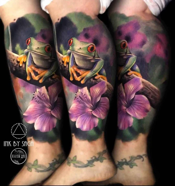 Realism Frog, Flower tattoo on Calf