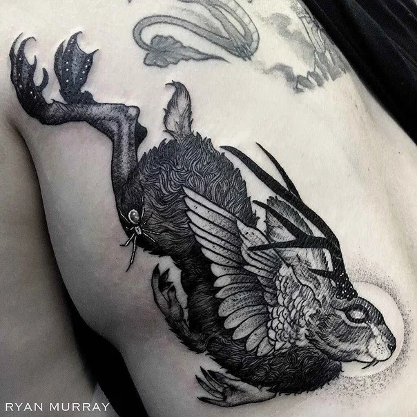 Blackwork Rabbit, Spider tattoo on Chest