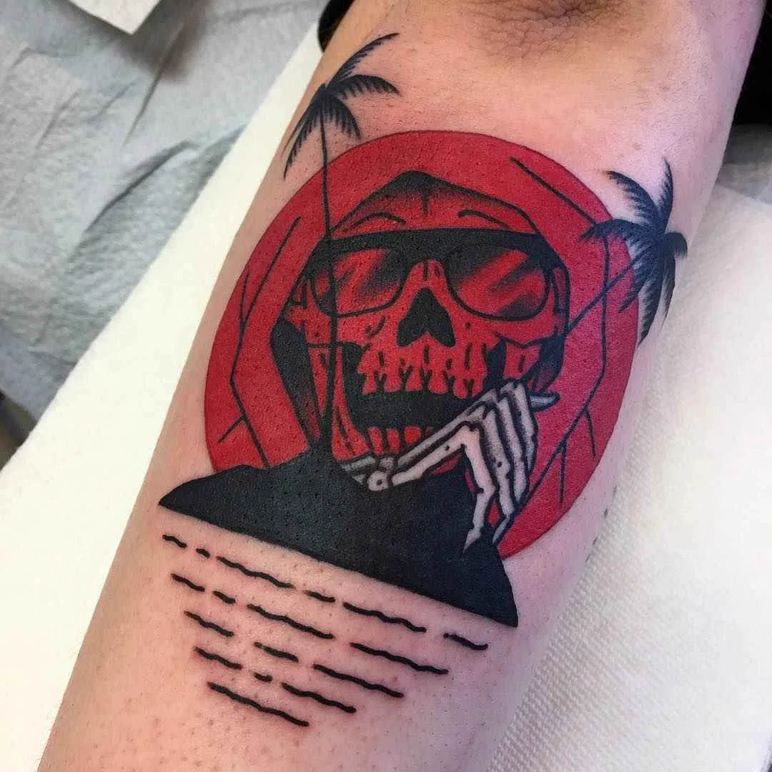 Tattoo artist Frankie Caraccioli The Death cloack traditional color tattoo Death in Paradise