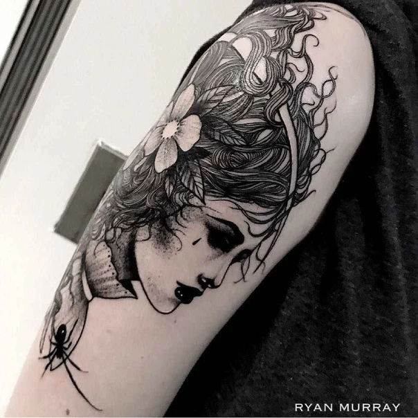 Blackwork Portrait, Flower tattoo on Forearm