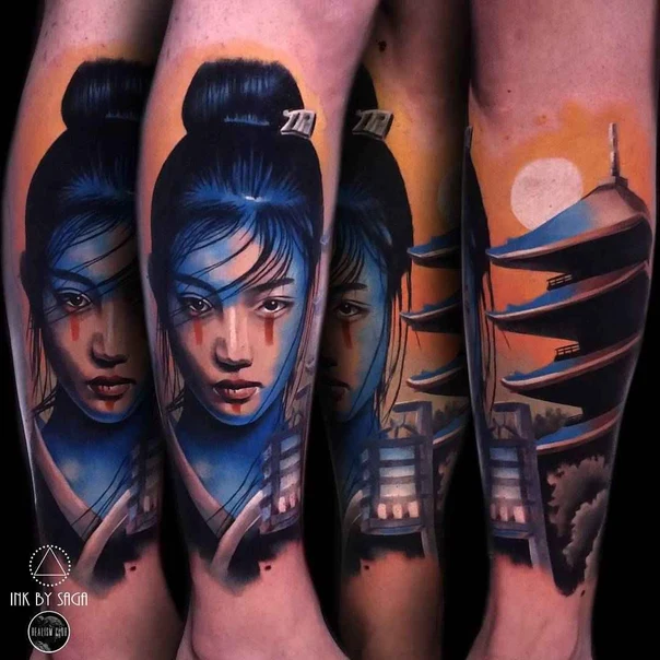 Japanese Geisha, Pagoda tattoo on Calf
