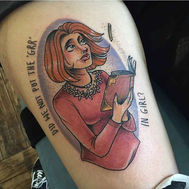 Illustrative Woman, Book tattoo on Thigh
