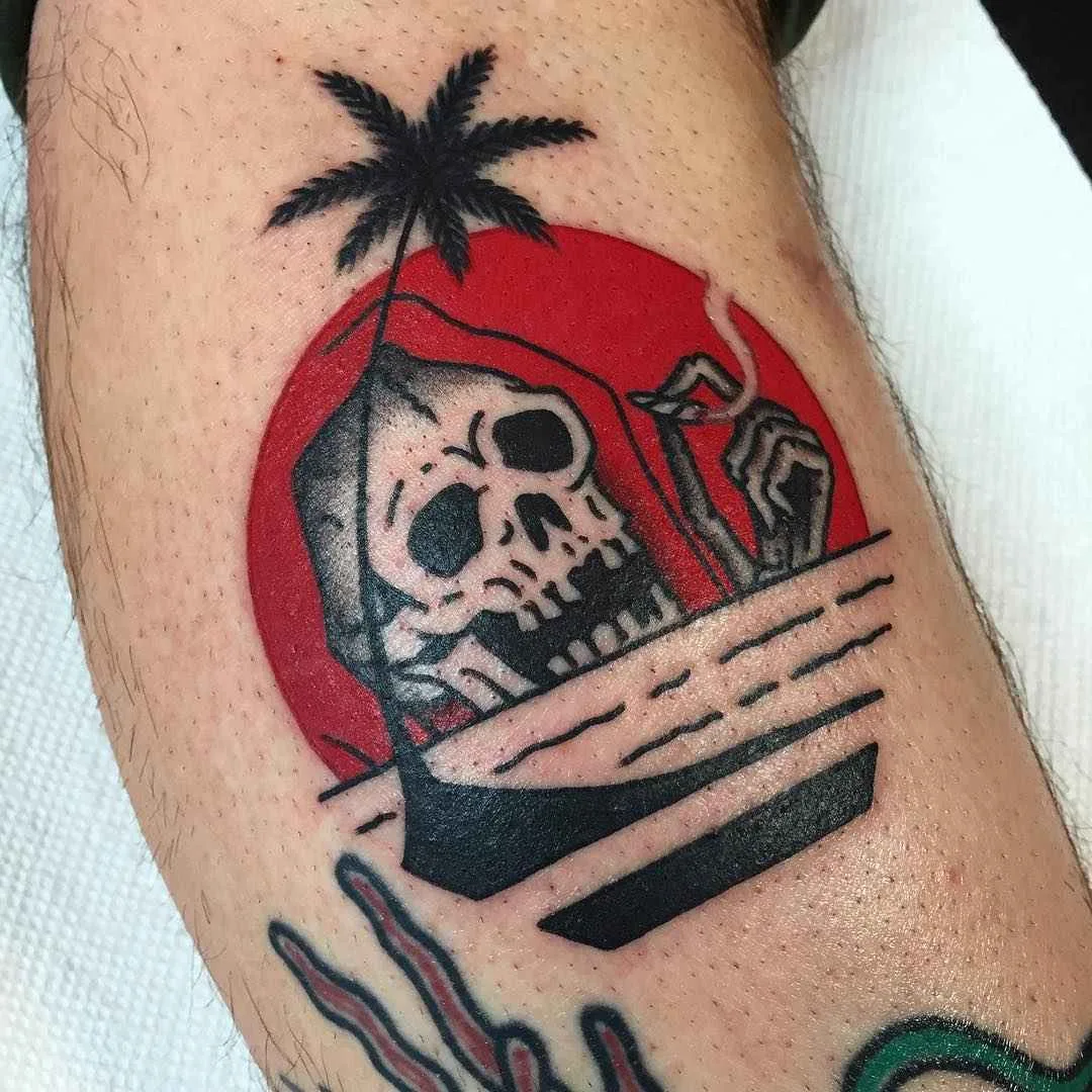 Tattoo artist Frankie Caraccioli The Death cloack traditional color tattoo Death in Paradise