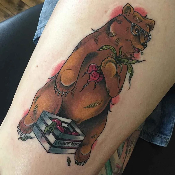 Illustrative Bear, Vegetables tattoo on Thigh