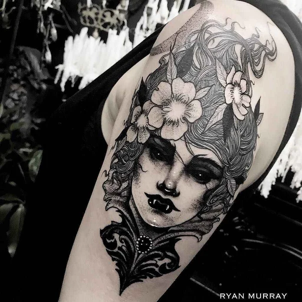 Blackwork Portrait, Flowers tattoo on Shoulder
