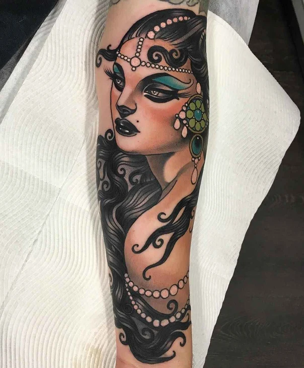 Neo Traditional Woman, Jewelry tattoo on Forearm