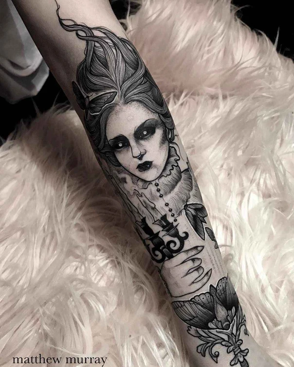 Blackwork Portrait, Butterfly tattoo on Forearm