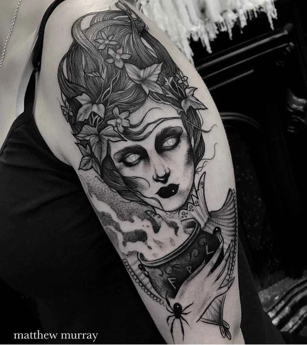 Black & Grey Portrait, Spider tattoo on Upper Arm
