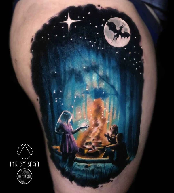 Illustrative Night sky, Campfire tattoo on Thigh