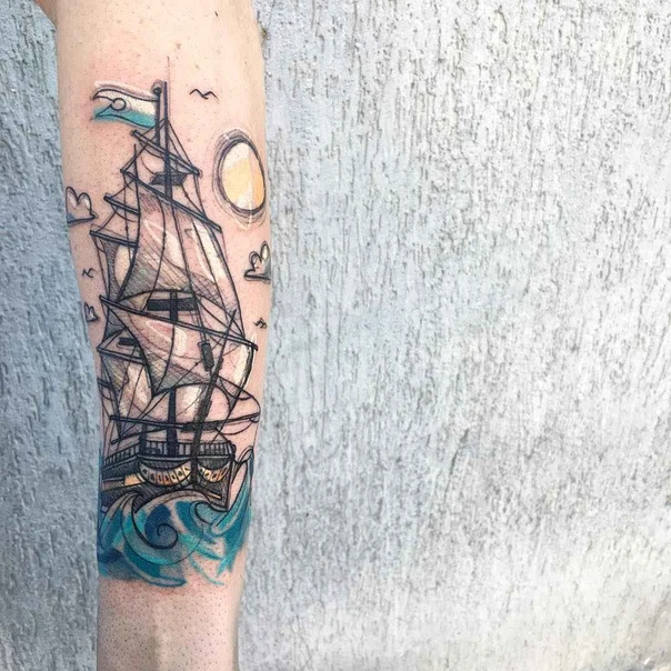 Sketch Ship, Ocean tattoo on Forearm