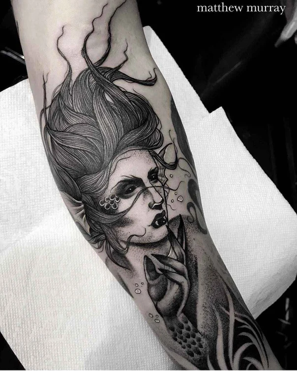 Black & Grey Mermaid, Portrait tattoo on Forearm
