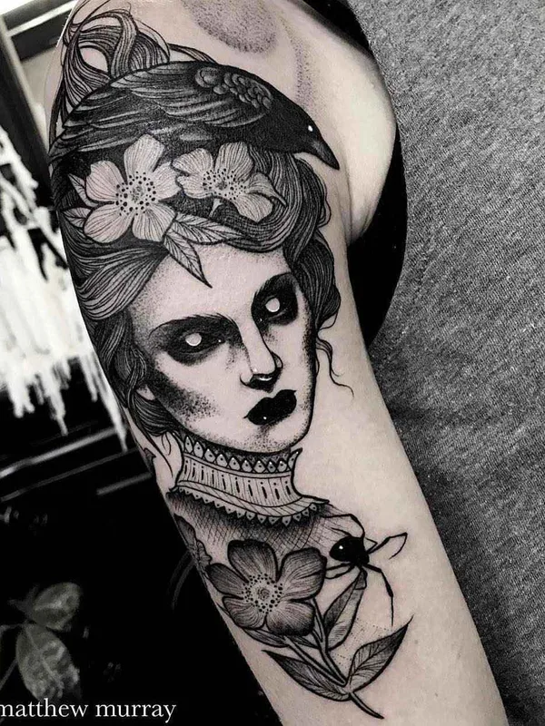 female black and grey blackwork татуировка на upper arm #10607 | Тату мастер Matthew Murray