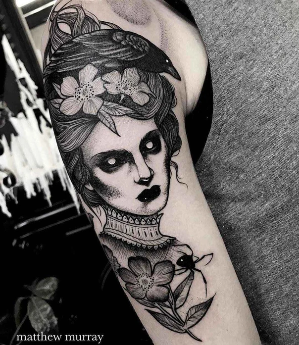 Blackwork Portrait, Flowers tattoo on Upper Arm