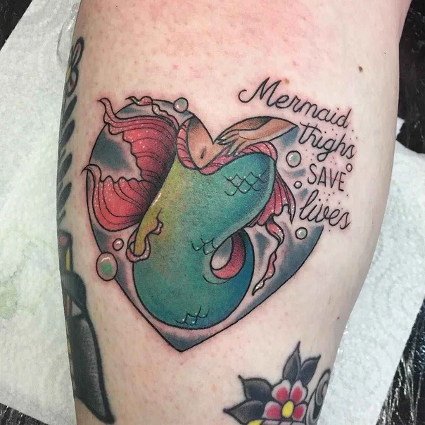 Neo Traditional Mermaid, Heart tattoo on Thigh