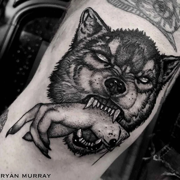 Black & Grey Wolf, Hand tattoo on Forearm