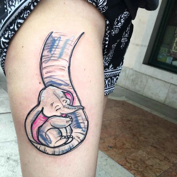 Illustrative Elephant, Dumbo tattoo on Thigh