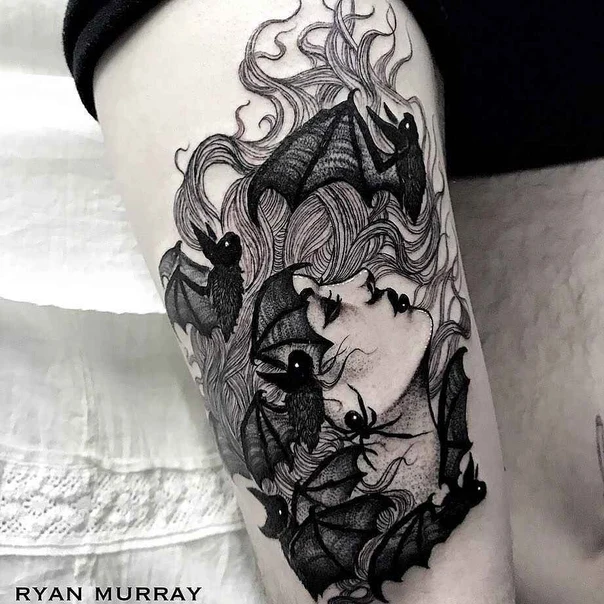 Blackwork Bats, Portrait tattoo on Thigh