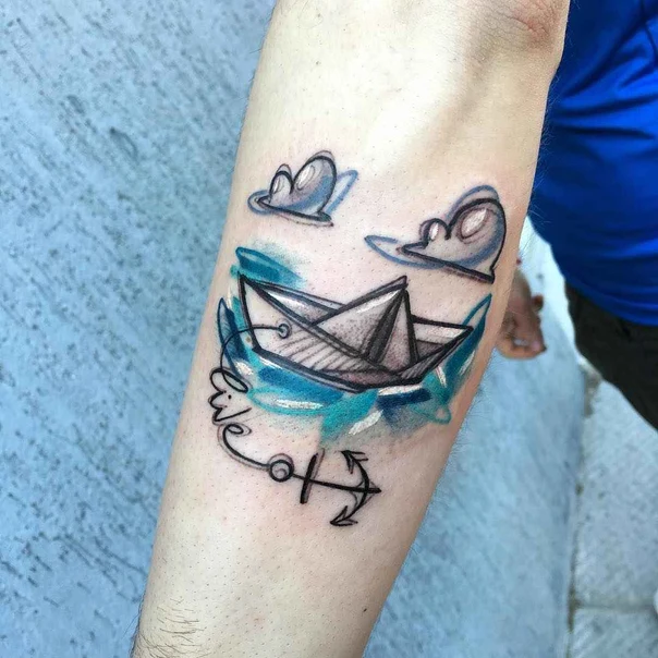 Sketch Paper boat, Clouds tattoo on Forearm