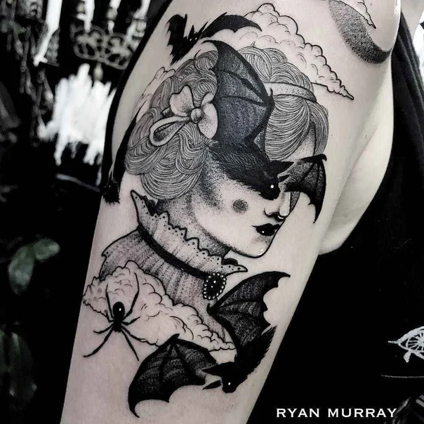 Blackwork Bats, Portrait tattoo on Outer arm