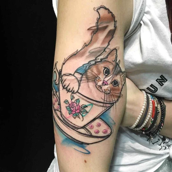 Illustrative Cat, Teacup tattoo on Forearm