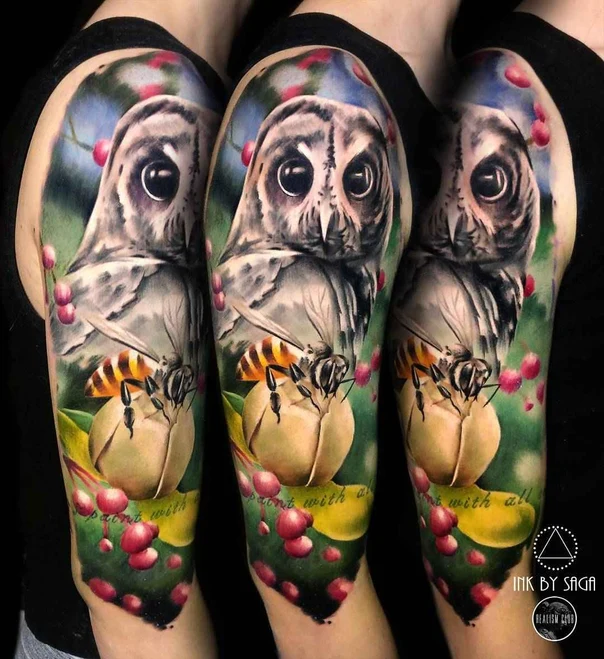 Realism Owl, Bee tattoo on Full Sleeve