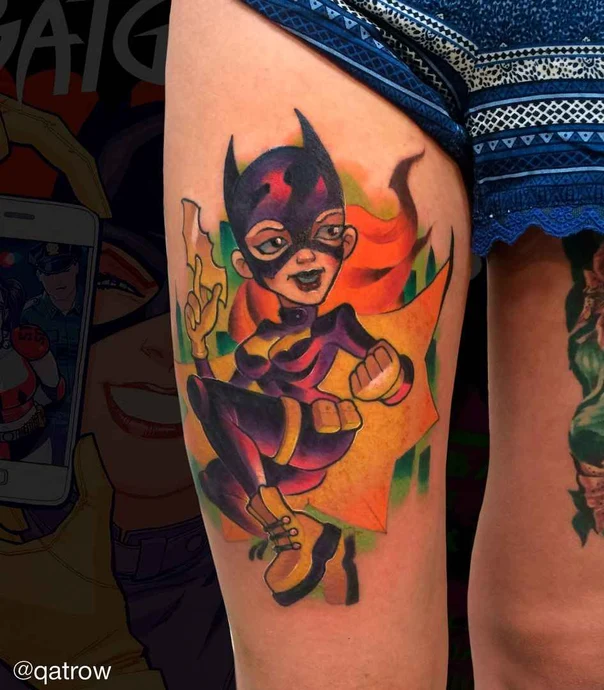 Cartoon Batgirl, Superhero tattoo на Бедро