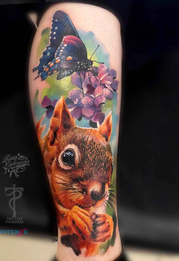 Реализм Squirrel, Butterfly tattoo на Икра