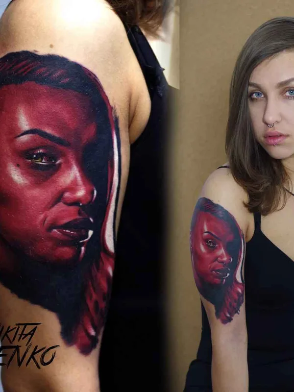 female color realism tattoo on upper arm #10816 | Tattoo Artist Никита Кузьменко