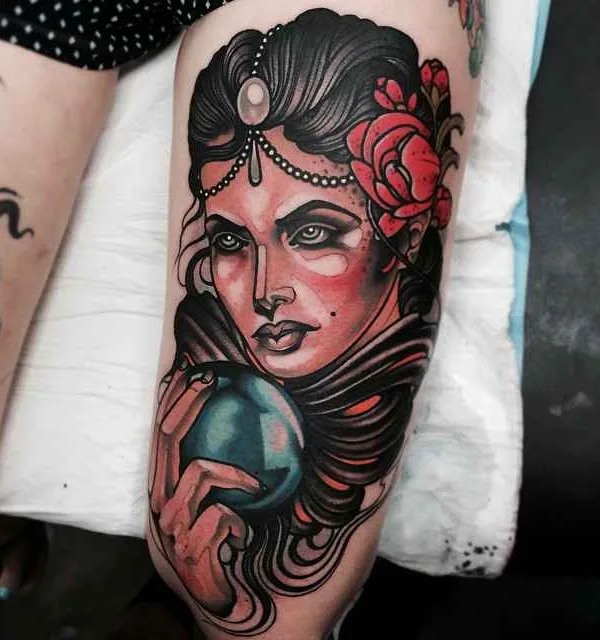 female color neo traditional 纹身 在 thigh #19238 | 纹身师 Jacob J Gardner