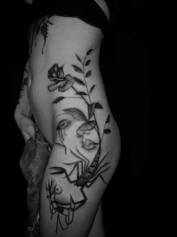 female black and grey blackwork 타투 부위 thigh #19874 | 타투이스트 Talley Matthew