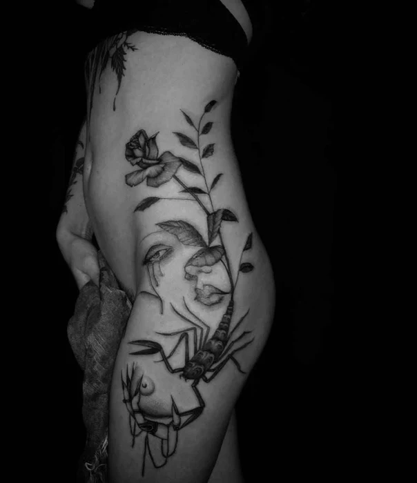 Blackwork Rose, Face tattoo on Thigh