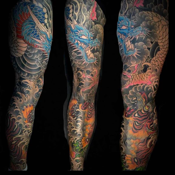 Japanese Dragon, Tiger tattoo on Full leg