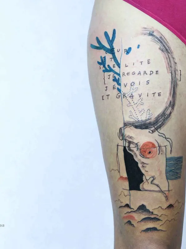female color sketch 纹身 在 thigh #19396 | 纹身师 Maison Métamose
