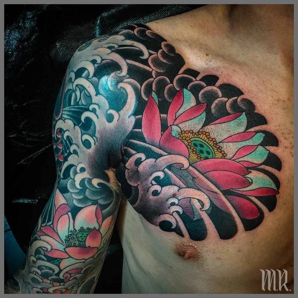 Japanese Flower, Waves tattoo on Chest