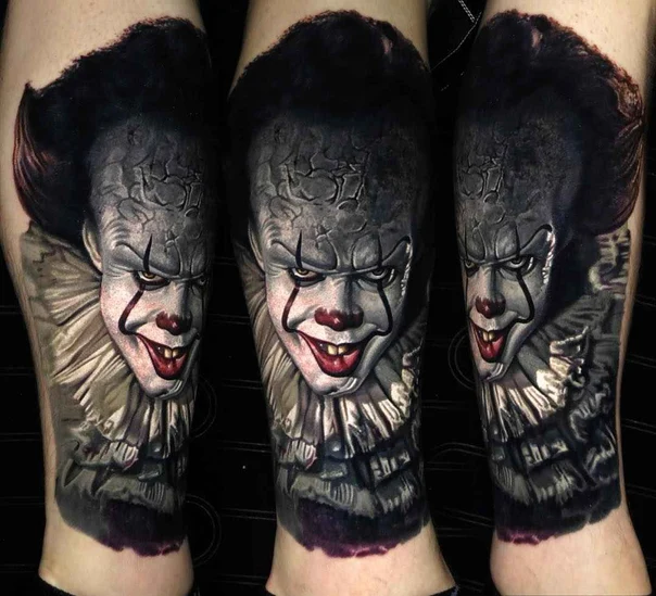 Realism Clown, Horror tattoo on Calf