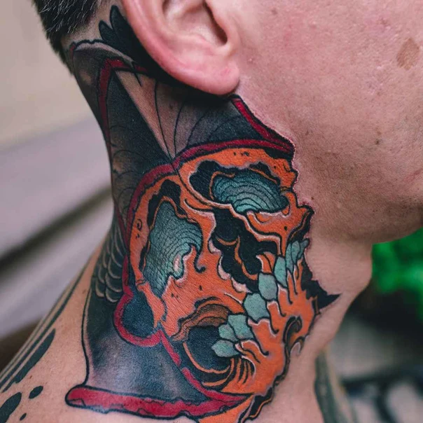 Japanese Skull tattoo on Neck