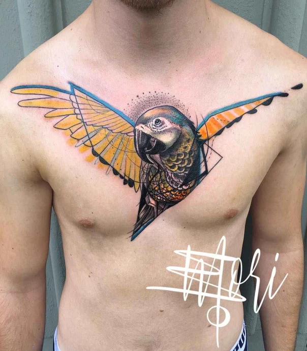 Illustrative Parrot, Bird tattoo on Chest