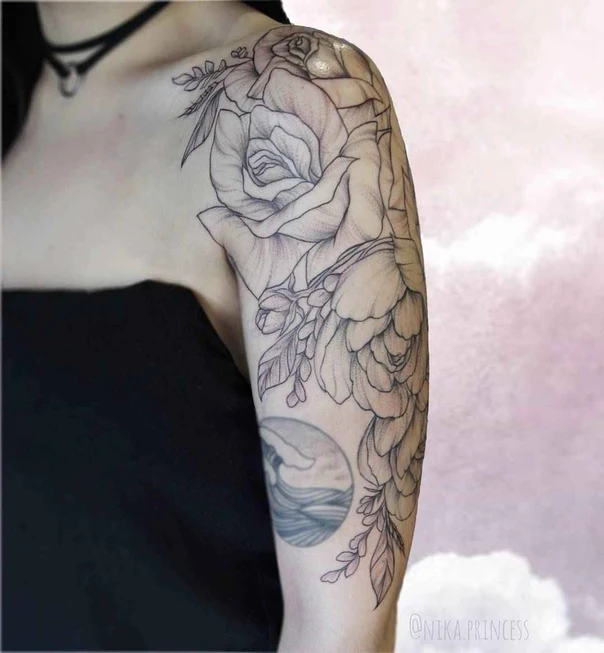 Лайнворк Rose, Leaves tattoo на Дельта